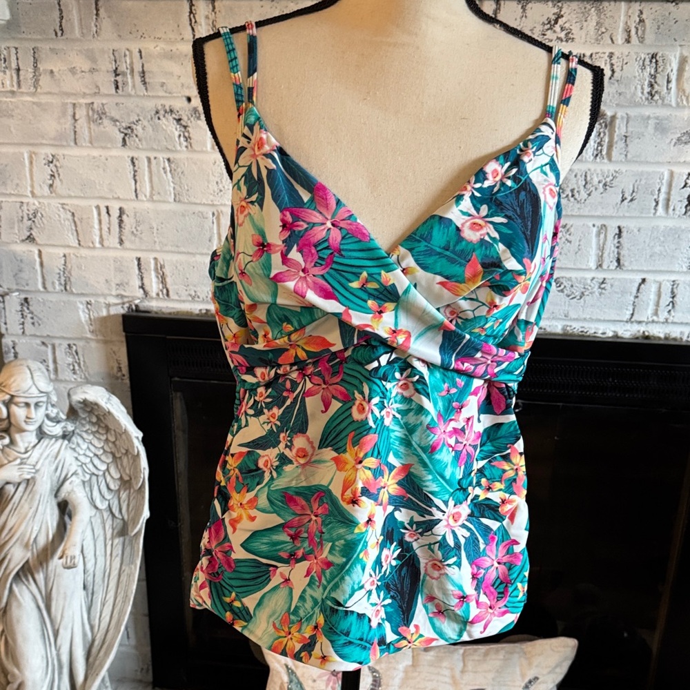croft & barrow tankini swim top Teal Floral with Pink & Yellow Blooms
